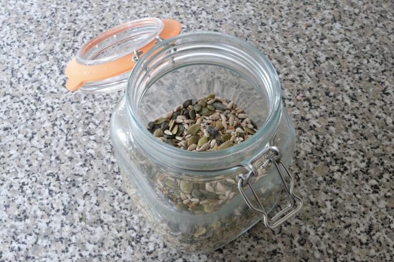 Gut health promoting seed mix in a jar, close up